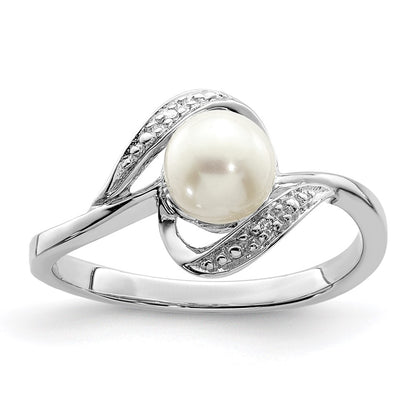 PSSR Sterling Silver Rhodium Plated Diamond and FW Cultured Pearl Ring