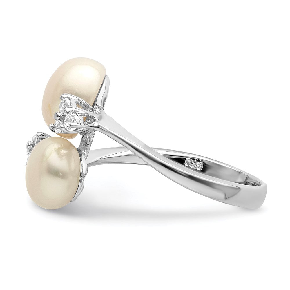 PSSR Sterling Silver Rhodium-plated 8-9mm White Button Freshwater Cultured Pearl and CZ Ring