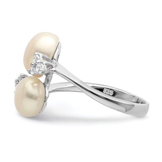 PSSR Sterling Silver Rhodium-plated 8-9mm White Button Freshwater Cultured Pearl and CZ Ring