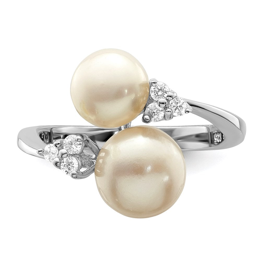 PSSR Sterling Silver Rhodium-plated 8-9mm White Button Freshwater Cultured Pearl and CZ Ring