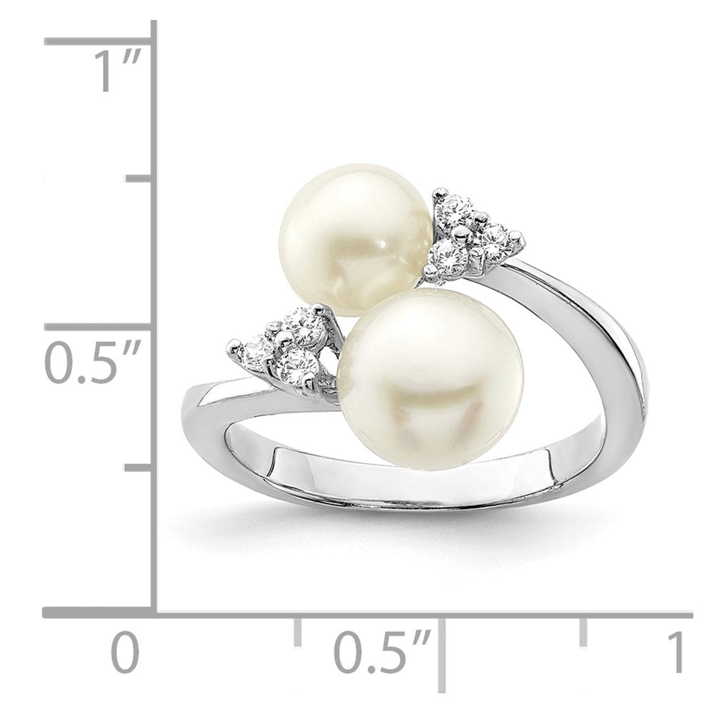 PSSR Sterling Silver Rhodium-plated 8-9mm White Button Freshwater Cultured Pearl and CZ Ring