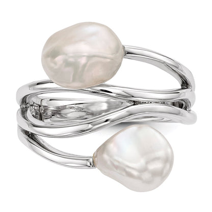 PSSR Sterling Silver Rhodium-plated 7-8mm White Baroque Freshwater Cultured Pearl Ring