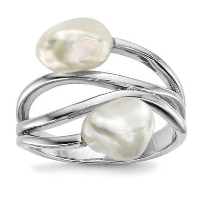 PSSR Sterling Silver Rhodium-plated 7-8mm White Baroque Freshwater Cultured Pearl Ring