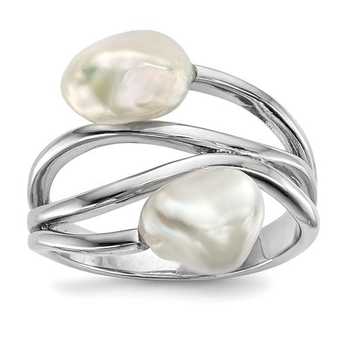 PSSR Sterling Silver Rhodium-plated 7-8mm White Baroque Freshwater Cultured Pearl Ring
