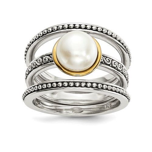 PSSR Sterling Silver w/14k Antiqued 8mm Button FWC Pearl Set of 3 Rings