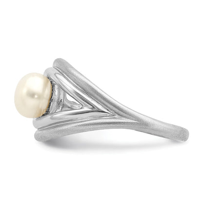 PSSR Sterling Silver Rhodium-plated Polished & Brushed (6-7mm) FWC Pearl Ring