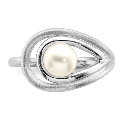 PSSR Sterling Silver Rhodium-plated Polished & Brushed (6-7mm) FWC Pearl Ring