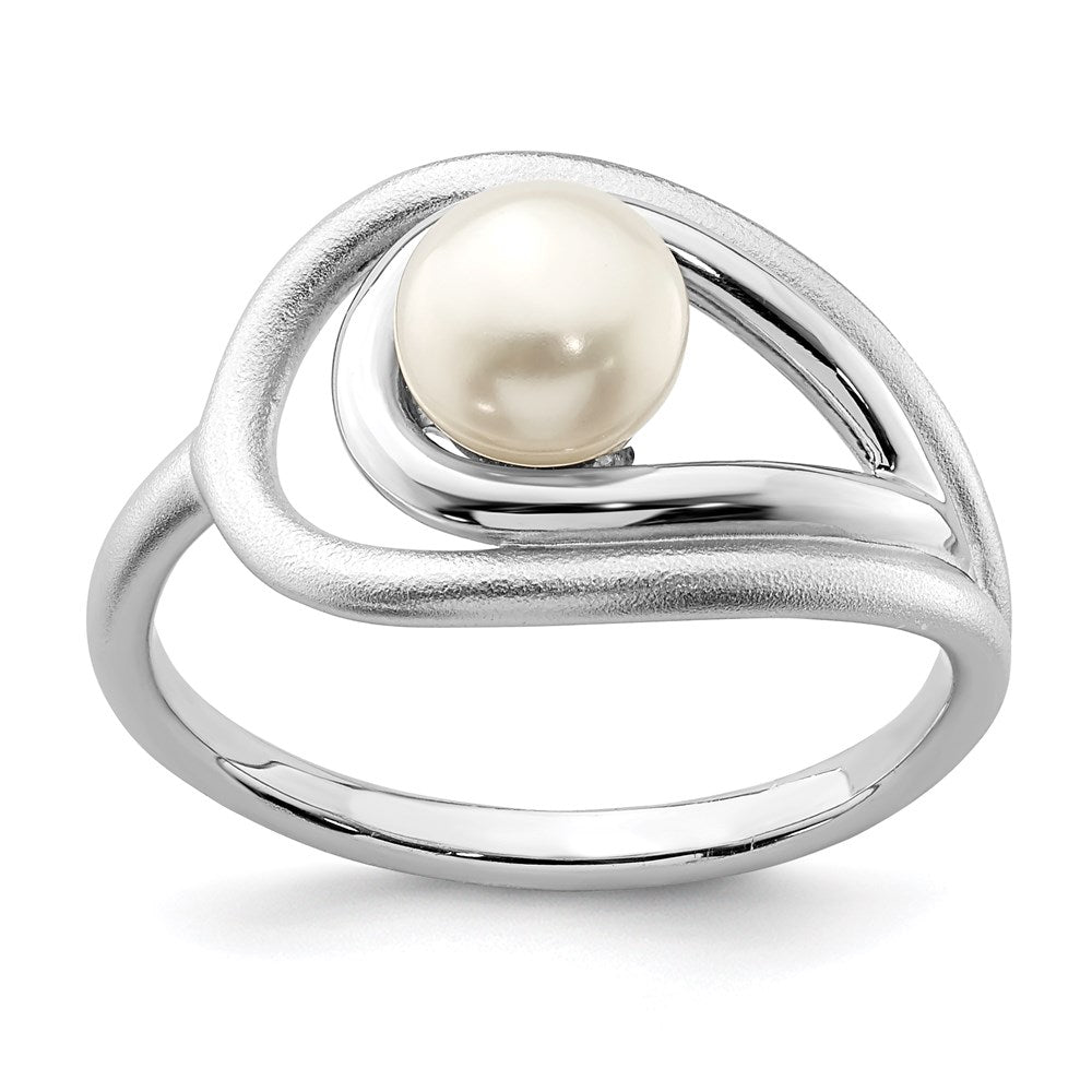 PSSR Sterling Silver Rhodium-plated Polished & Brushed (6-7mm) FWC Pearl Ring