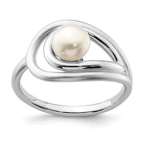 PSSR Sterling Silver Rhodium-plated Polished & Brushed (6-7mm) FWC Pearl Ring