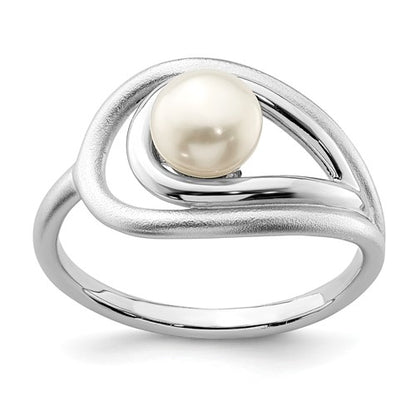 PSSR Sterling Silver Rhodium-plated Polished & Brushed (6-7mm) FWC Pearl Ring