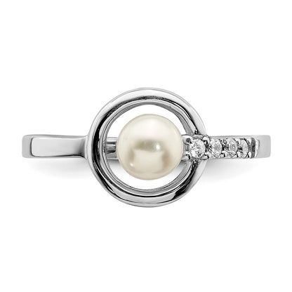 PSSR Sterling Silver Rhodium-plated CZ 5-6mm Button FWC Pearl in Circle Ring