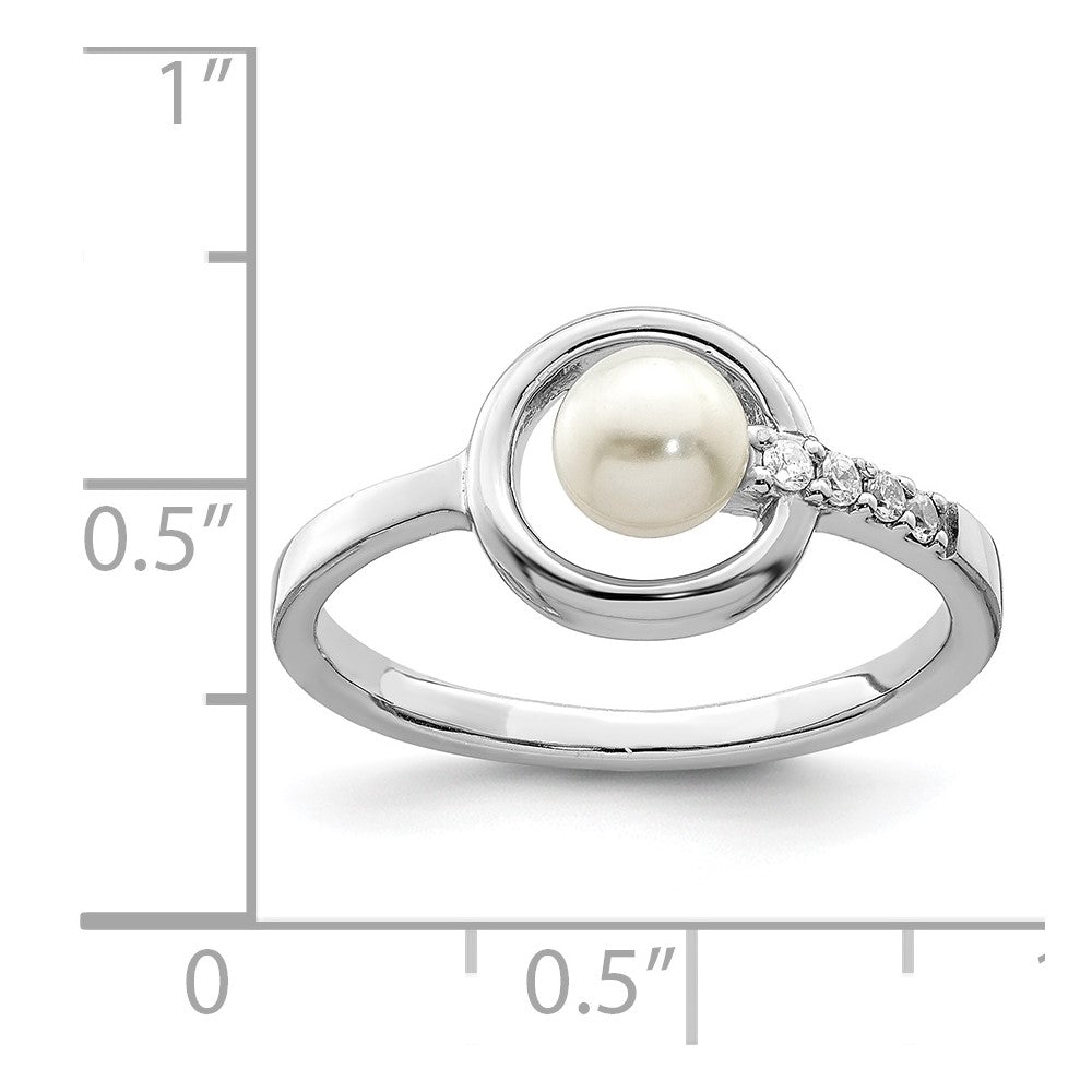 PSSR Sterling Silver Rhodium-plated CZ 5-6mm Button FWC Pearl in Circle Ring