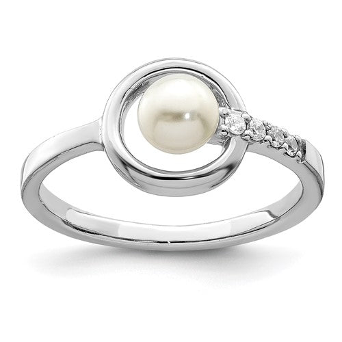 PSSR Sterling Silver Rhodium-plated CZ 5-6mm Button FWC Pearl in Circle Ring