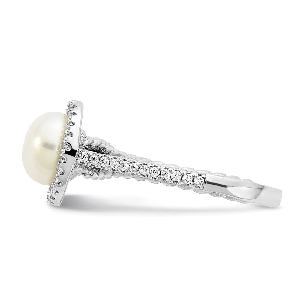 PSSR Sterling Silver Rhodium-plated 7-8mm Button White Freshwater Cultured Pearl and CZ Ring