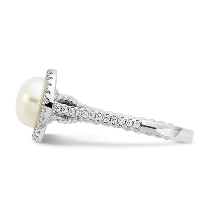 PSSR Sterling Silver Rhodium-plated 7-8mm Button White Freshwater Cultured Pearl and CZ Ring
