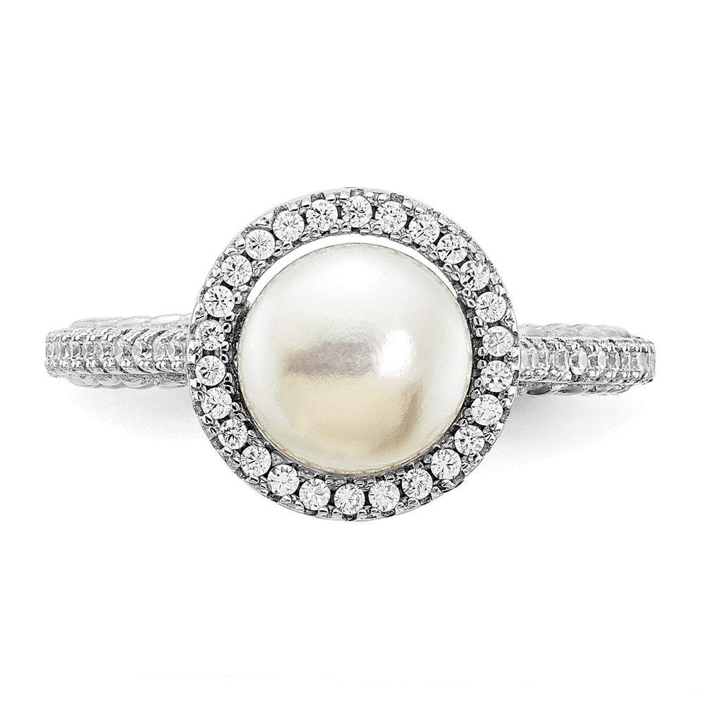 PSSR Sterling Silver Rhodium-plated 7-8mm Button White Freshwater Cultured Pearl and CZ Ring