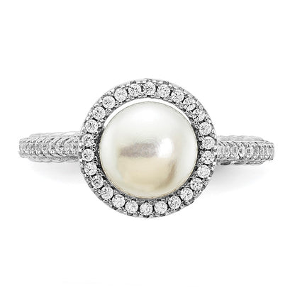 PSSR Sterling Silver Rhodium-plated 7-8mm Button White Freshwater Cultured Pearl and CZ Ring