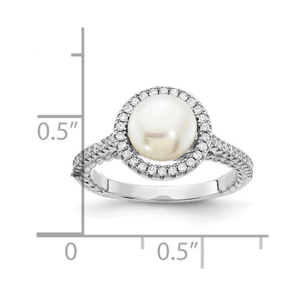 PSSR Sterling Silver Rhodium-plated 7-8mm Button White Freshwater Cultured Pearl and CZ Ring