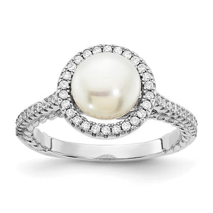 PSSR Sterling Silver Rhodium-plated 7-8mm Button White Freshwater Cultured Pearl and CZ Ring