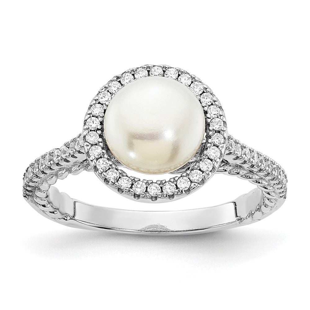 PSSR Sterling Silver Rhodium-plated 7-8mm Button White Freshwater Cultured Pearl and CZ Ring