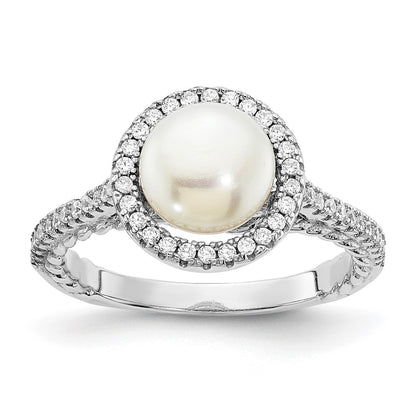 PSSR Sterling Silver Rhodium-plated 7-8mm Button White Freshwater Cultured Pearl and CZ Ring