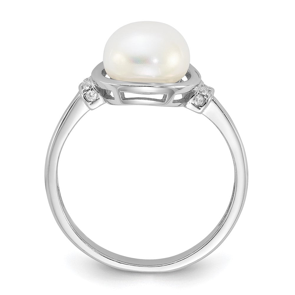 PSSR Sterling Silver Rhodium-plated 8-9mm White Button Freshwater Cultured Pearl and CZ Circle Ring