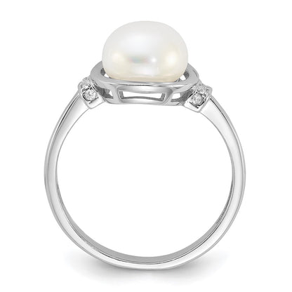 PSSR Sterling Silver Rhodium-plated 8-9mm White Button Freshwater Cultured Pearl and CZ Circle Ring