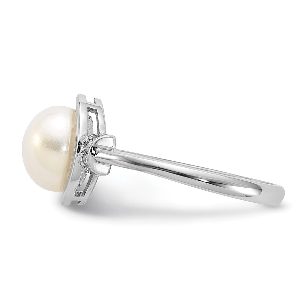 PSSR Sterling Silver Rhodium-plated 8-9mm White Button Freshwater Cultured Pearl and CZ Circle Ring