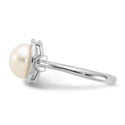 PSSR Sterling Silver Rhodium-plated 8-9mm White Button Freshwater Cultured Pearl and CZ Circle Ring