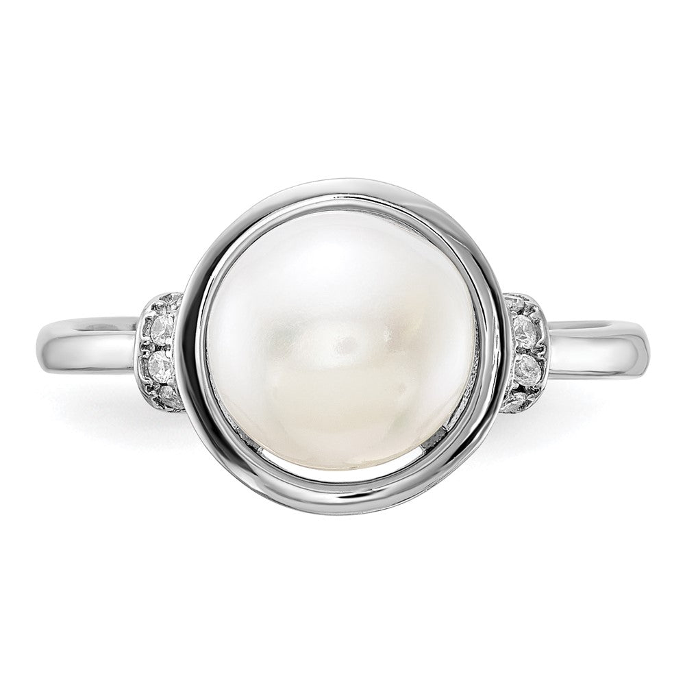 PSSR Sterling Silver Rhodium-plated 8-9mm White Button Freshwater Cultured Pearl and CZ Circle Ring