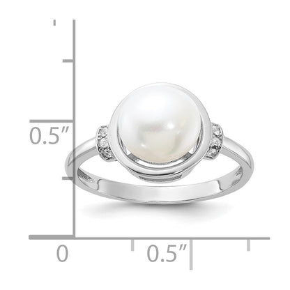 PSSR Sterling Silver Rhodium-plated 8-9mm White Button Freshwater Cultured Pearl and CZ Circle Ring