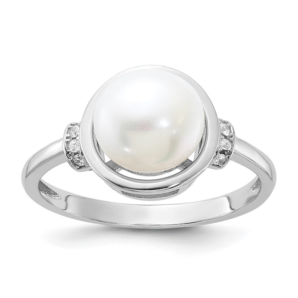 PSSR Sterling Silver Rhodium-plated 8-9mm White Button Freshwater Cultured Pearl and CZ Circle Ring