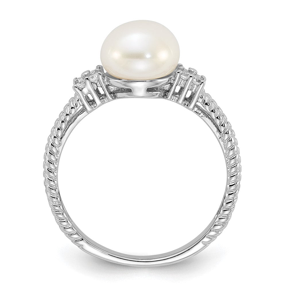 PSSR Sterling Silver Rhodium-plated 8-9mm White Button Freshwater Cultured Pearl and CZ Ring