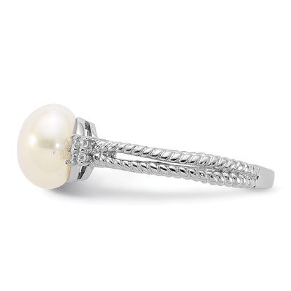 PSSR Sterling Silver Rhodium-plated 8-9mm White Button Freshwater Cultured Pearl and CZ Ring