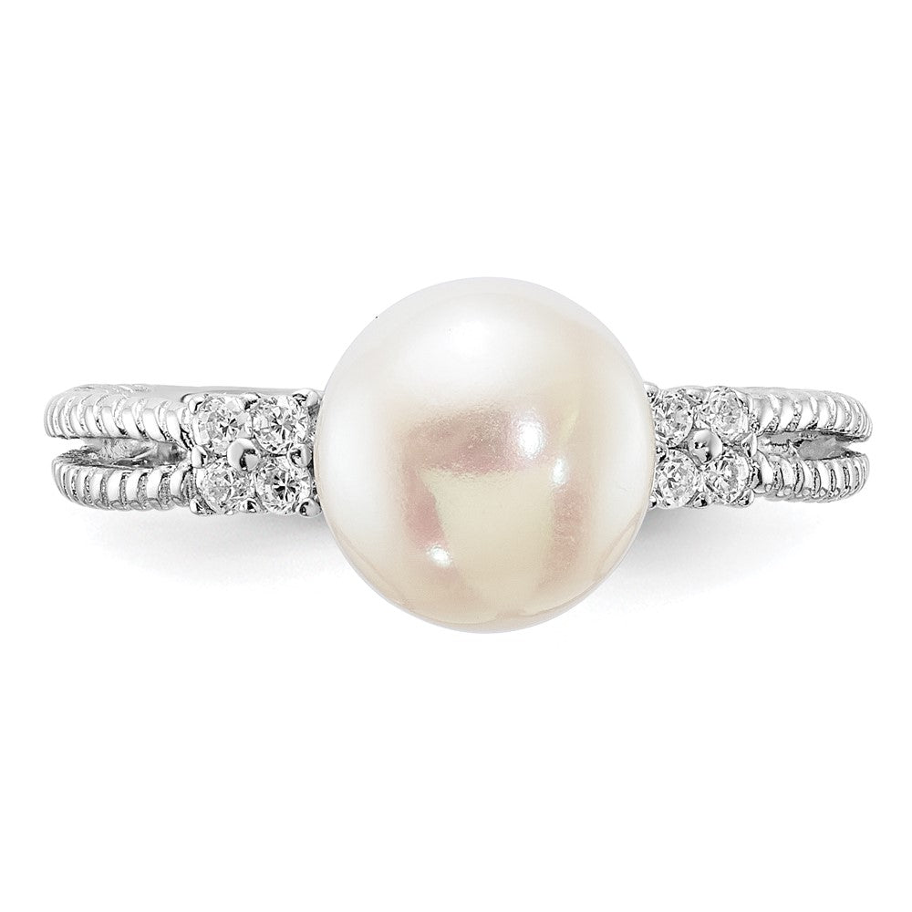 PSSR Sterling Silver Rhodium-plated 8-9mm White Button Freshwater Cultured Pearl and CZ Ring