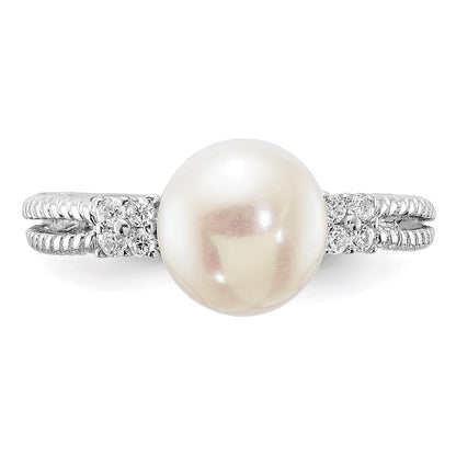 PSSR Sterling Silver Rhodium-plated 8-9mm White Button Freshwater Cultured Pearl and CZ Ring