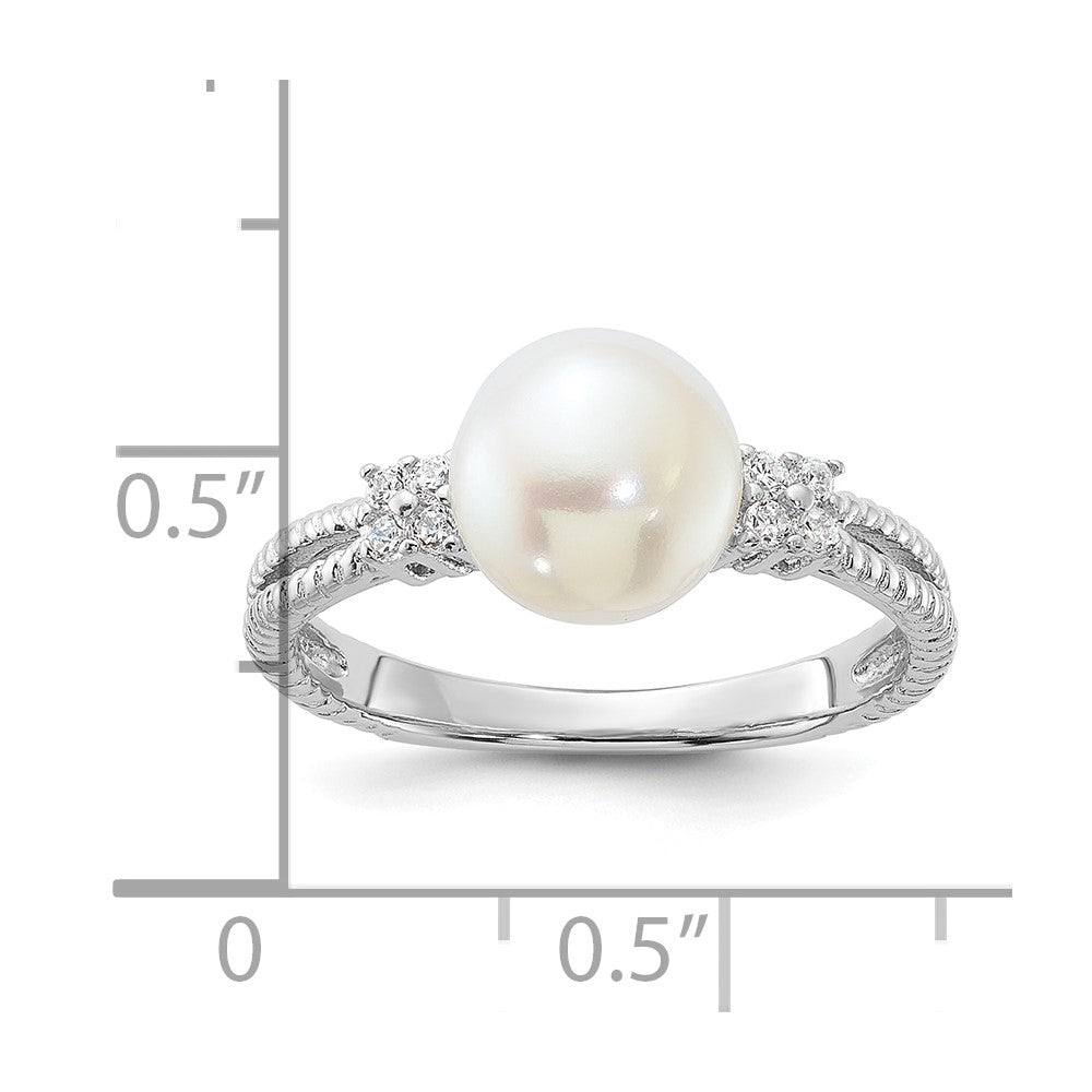 PSSR Sterling Silver Rhodium-plated 8-9mm White Button Freshwater Cultured Pearl and CZ Ring