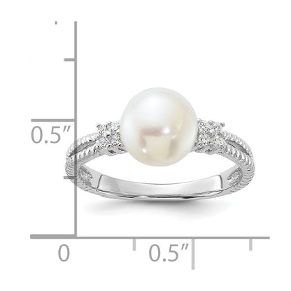 PSSR Sterling Silver Rhodium-plated 8-9mm White Button Freshwater Cultured Pearl and CZ Ring