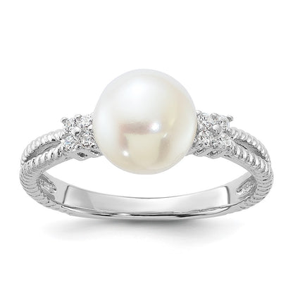 PSSR Sterling Silver Rhodium-plated 8-9mm White Button Freshwater Cultured Pearl and CZ Ring