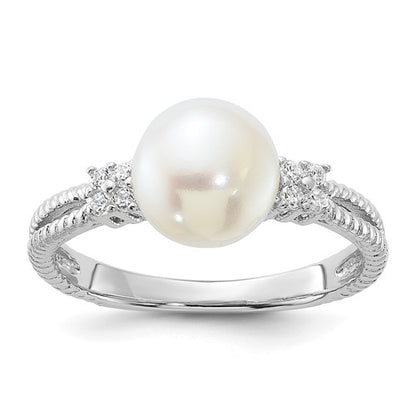 PSSR Sterling Silver Rhodium-plated 8-9mm White Button Freshwater Cultured Pearl and CZ Ring