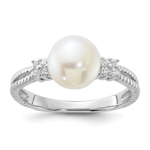 PSSR Sterling Silver Rhodium-plated 8-9mm White Button Freshwater Cultured Pearl and CZ Ring