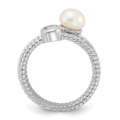 PSSR Sterling Silver Rhodium-plated 6-7mm White Freshwater Cultured Pearl and CZ 3 Ring Set