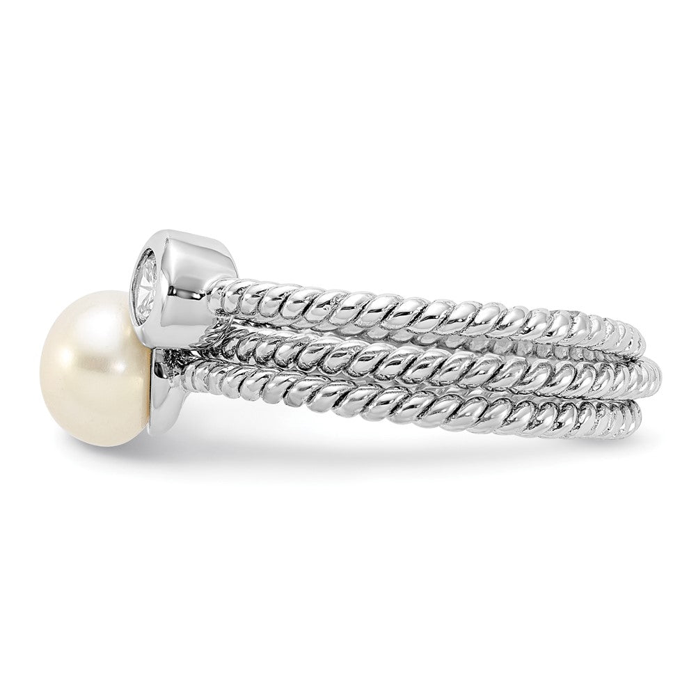 PSSR Sterling Silver Rhodium-plated 6-7mm White Freshwater Cultured Pearl and CZ 3 Ring Set