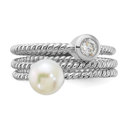 PSSR Sterling Silver Rhodium-plated 6-7mm White Freshwater Cultured Pearl and CZ 3 Ring Set