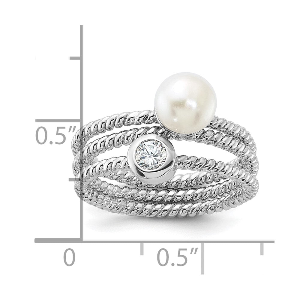 PSSR Sterling Silver Rhodium-plated 6-7mm White Freshwater Cultured Pearl and CZ 3 Ring Set