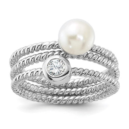 PSSR Sterling Silver Rhodium-plated 6-7mm White Freshwater Cultured Pearl and CZ 3 Ring Set