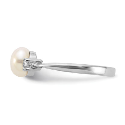 PSSR Sterling Silver Rhodium-plated 6-7mm White Freshwater Cultured Pearl and CZ Ring