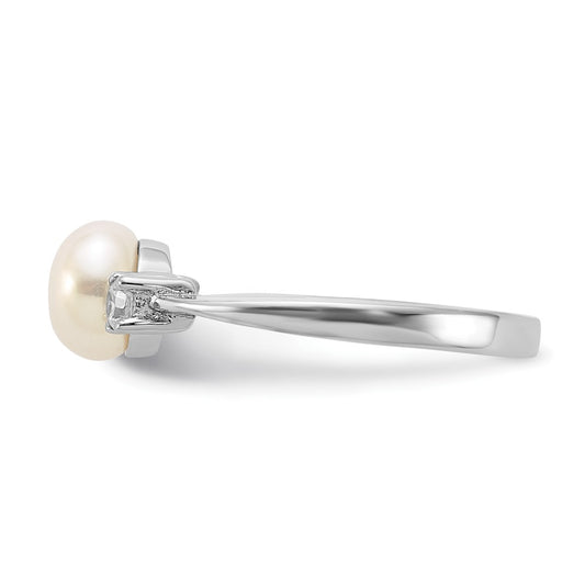 PSSR Sterling Silver Rhodium-plated 6-7mm White Freshwater Cultured Pearl and CZ Ring