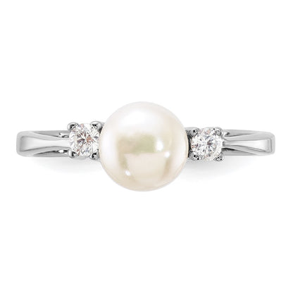 PSSR Sterling Silver Rhodium-plated 6-7mm White Freshwater Cultured Pearl and CZ Ring
