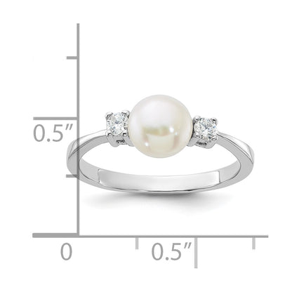 PSSR Sterling Silver Rhodium-plated 6-7mm White Freshwater Cultured Pearl and CZ Ring